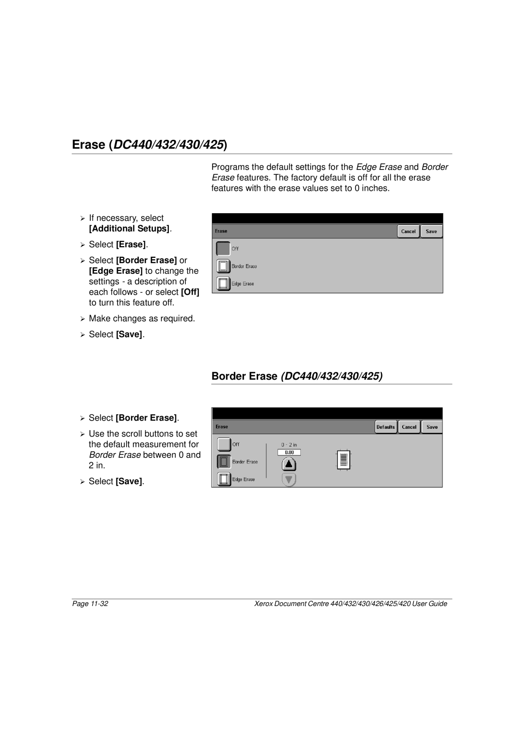 Xerox 426, 420 manual Erase DC440/432/430/425, ¾ Select Border Erase 