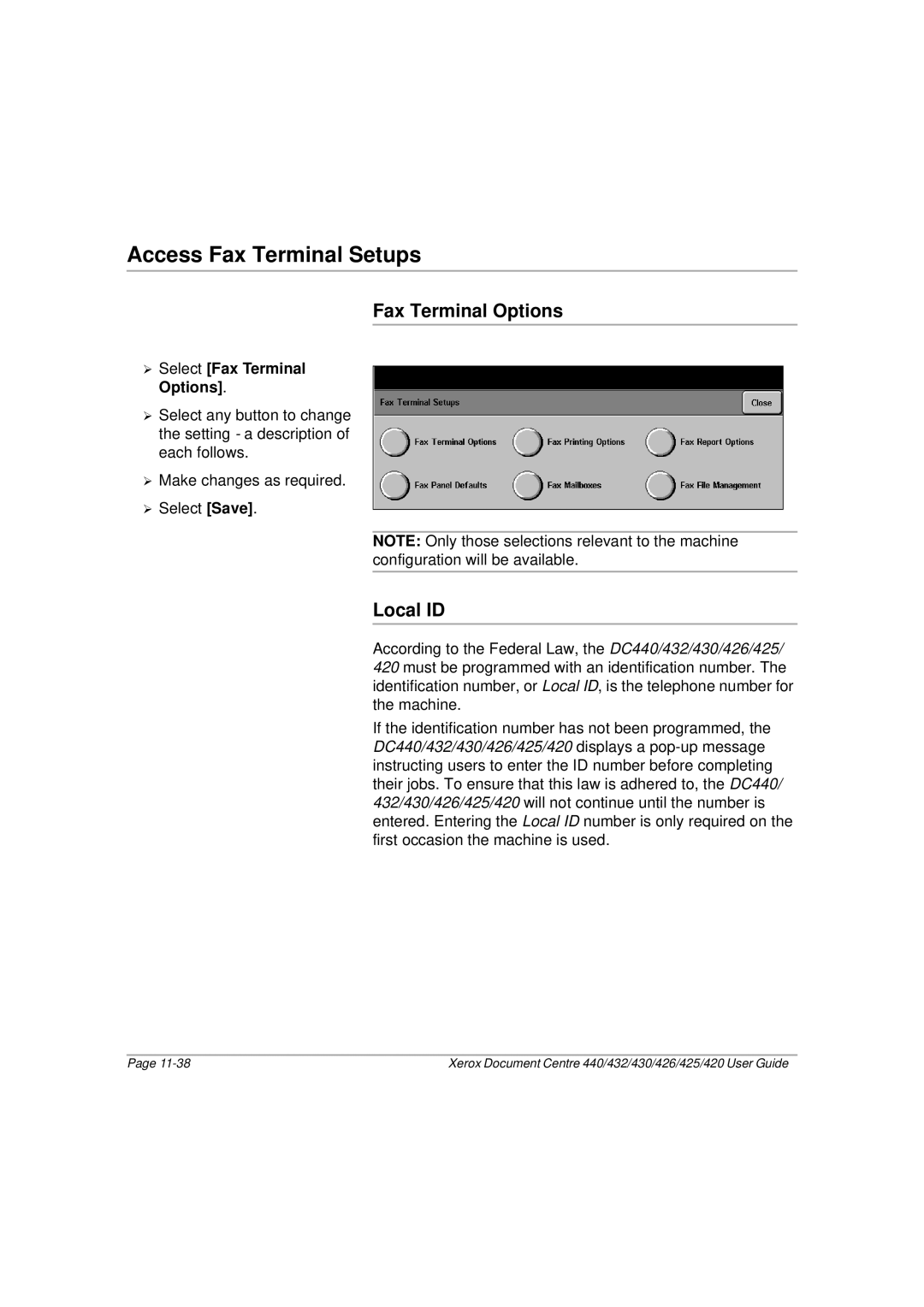 Xerox 425, 440, 432, 430, 426, 420 manual Access Fax Terminal Setups, Fax Terminal Options Local ID 