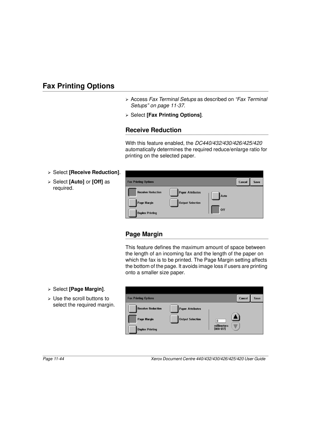 Xerox 425, 440, 432, 430, 426, 420 manual Fax Printing Options, Receive Reduction, Margin 