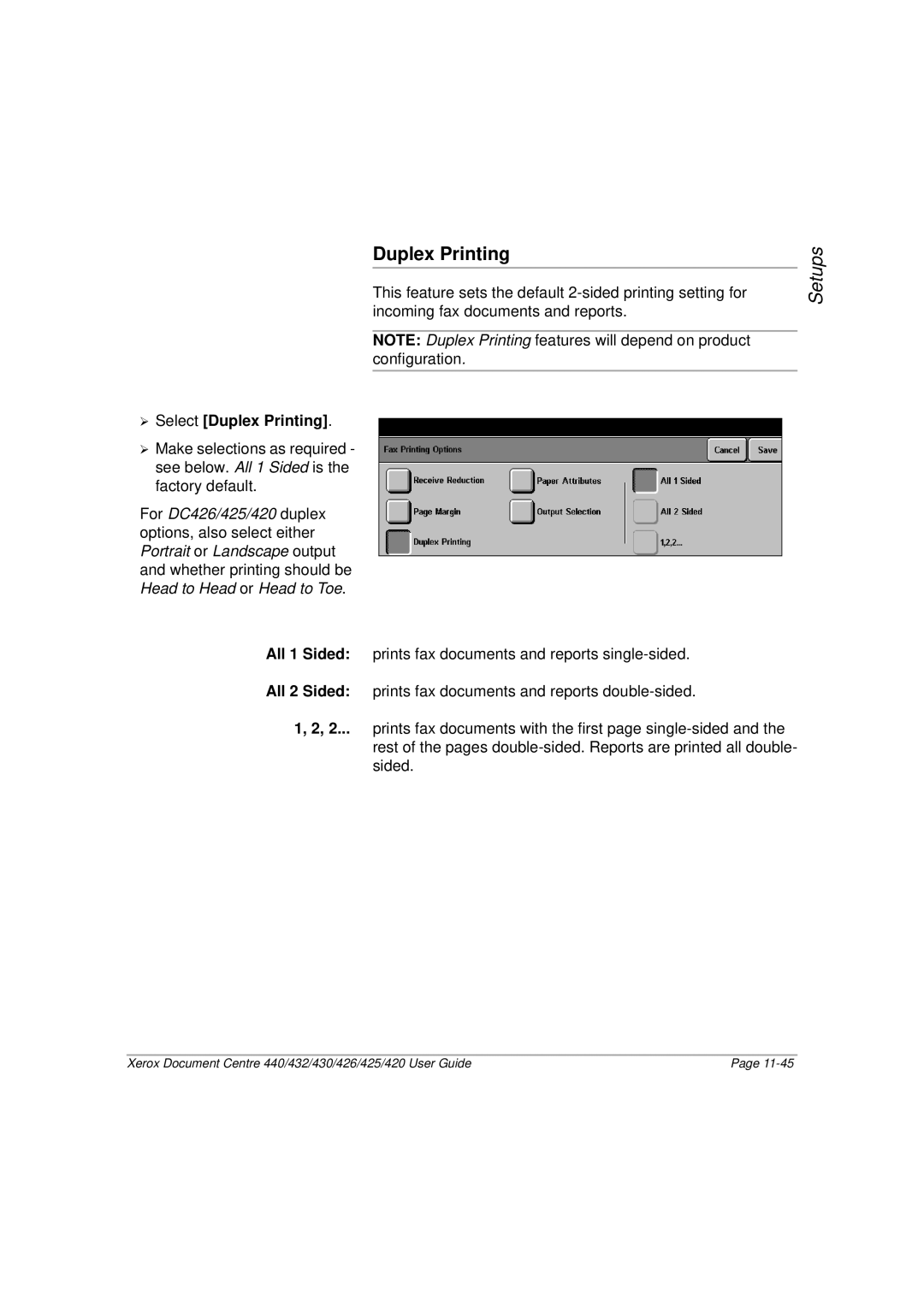 Xerox 420, 440, 432, 430, 426, 425 manual ¾ Select Duplex Printing, All 1 Sided All 2 Sided 