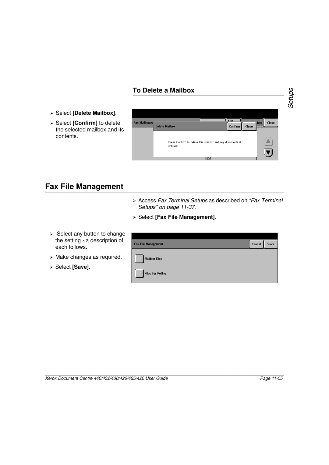 Xerox 426, 440, 432, 430, 425, 420 manual To Delete a Mailbox, ¾ Select Delete Mailbox, ¾ Select Fax File Management 