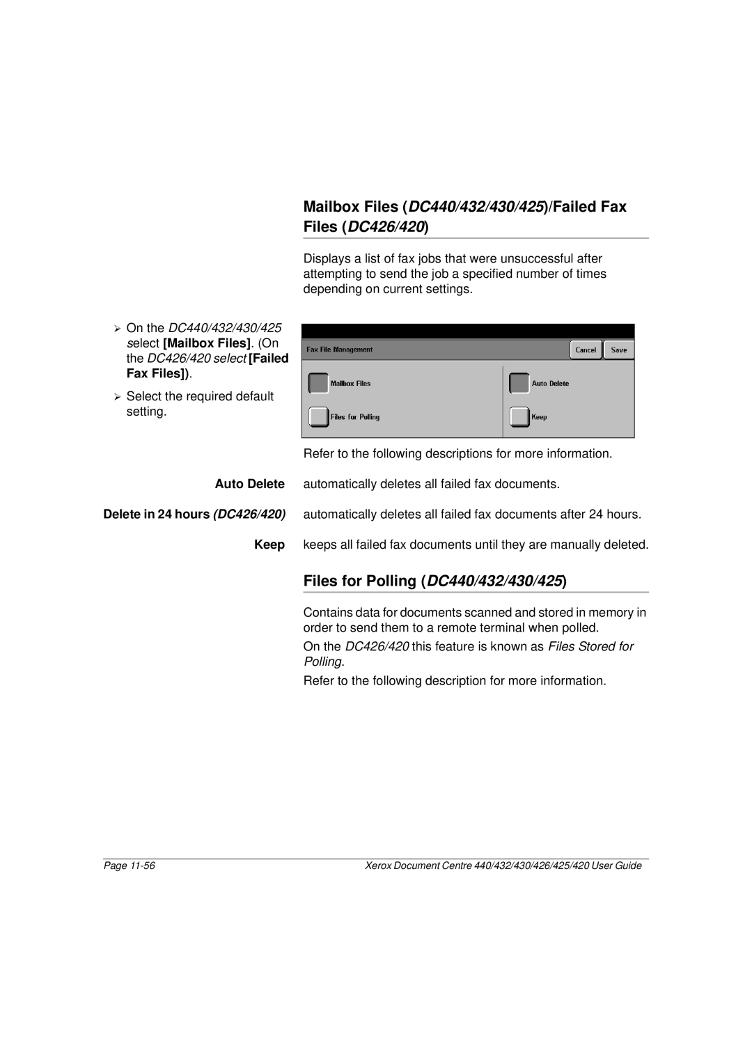 Xerox 426, 420 manual Mailbox Files DC440/432/430/425/Failed Fax, Files for Polling DC440/432/430/425 