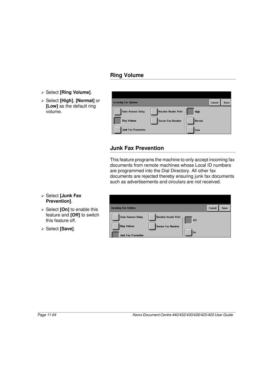 Xerox 440, 432, 430, 426, 425, 420 manual Ring Volume, Junk Fax Prevention 