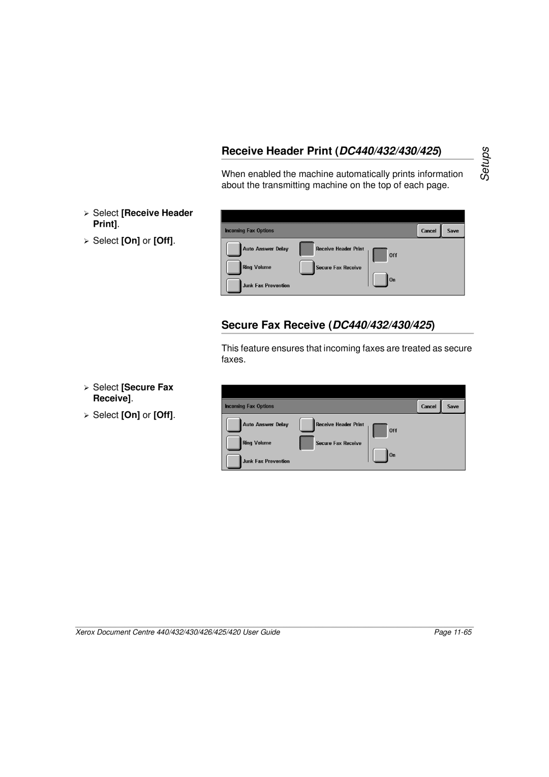 Xerox 426 Receive Header Print DC440/432/430/425, Secure Fax Receive DC440/432/430/425, ¾ Select Receive Header Print 