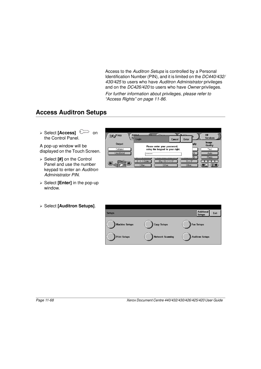 Xerox 425, 440, 432, 430, 426, 420 manual Access Auditron Setups 