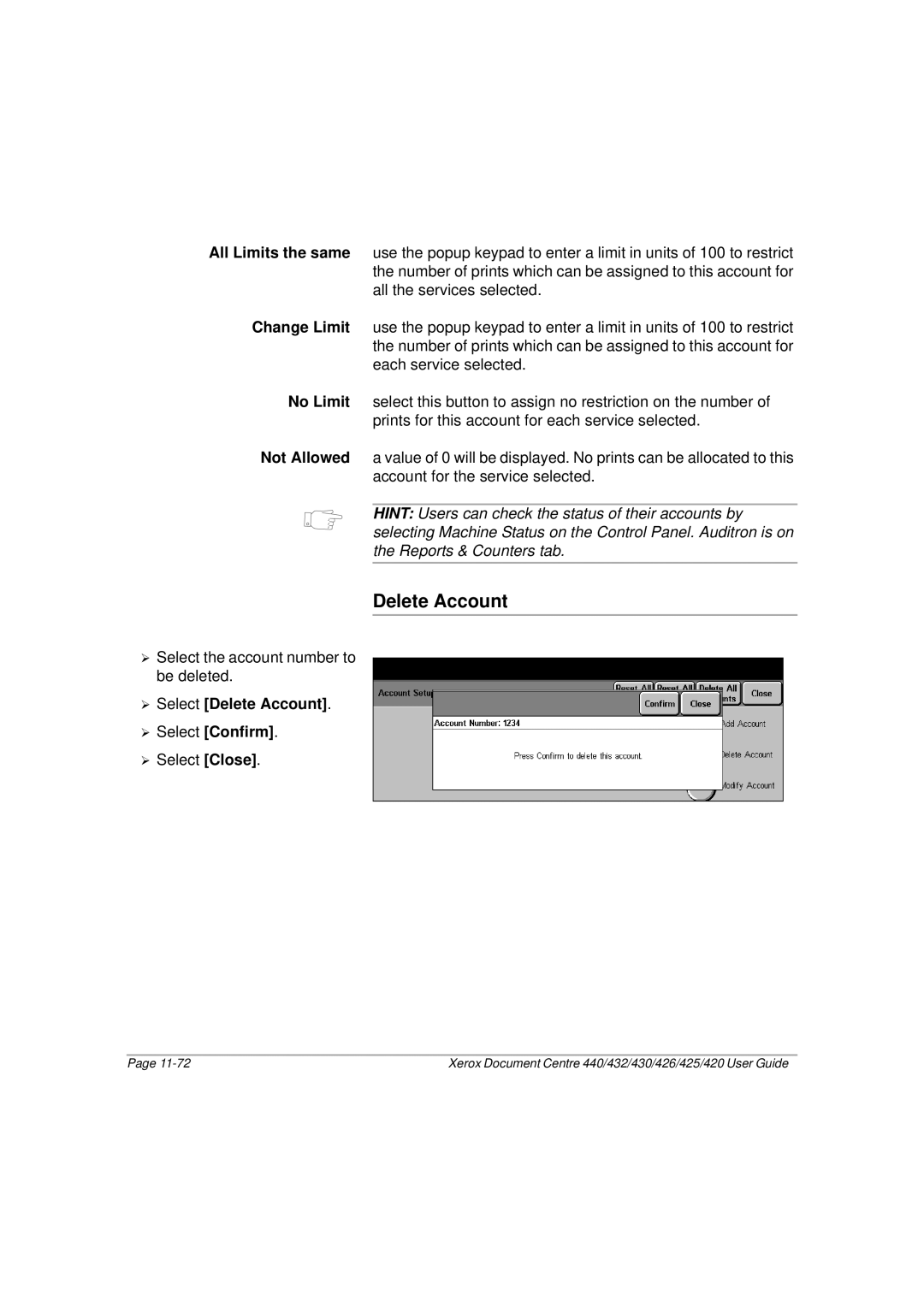 Xerox 430, 440, 432, 426, 425, 420 manual ¾ Select Delete Account ¾ Select Confirm 