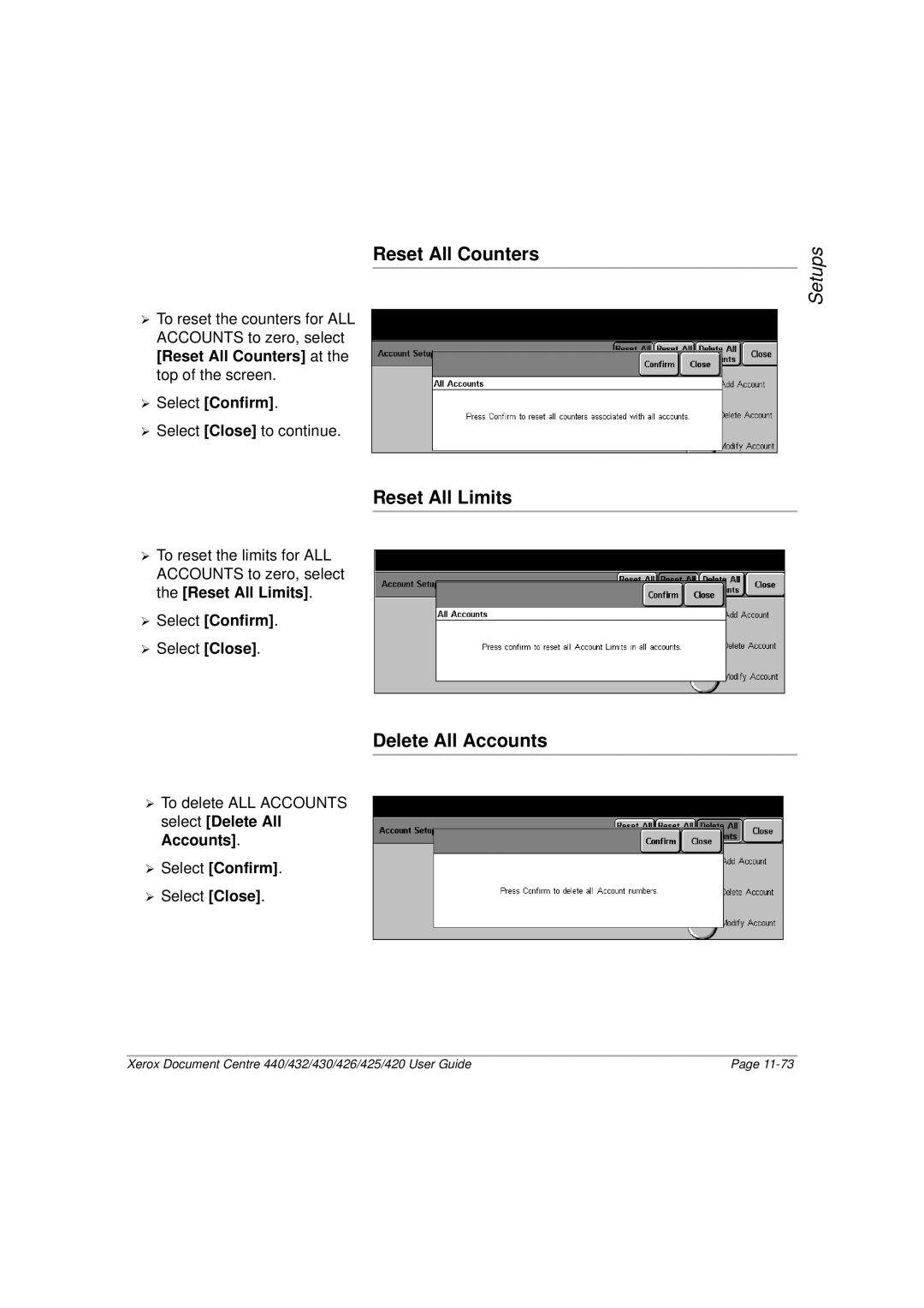 Xerox 426, 440, 432, 430, 425, 420 manual Reset All Counters, Reset All Limits, Delete All Accounts 