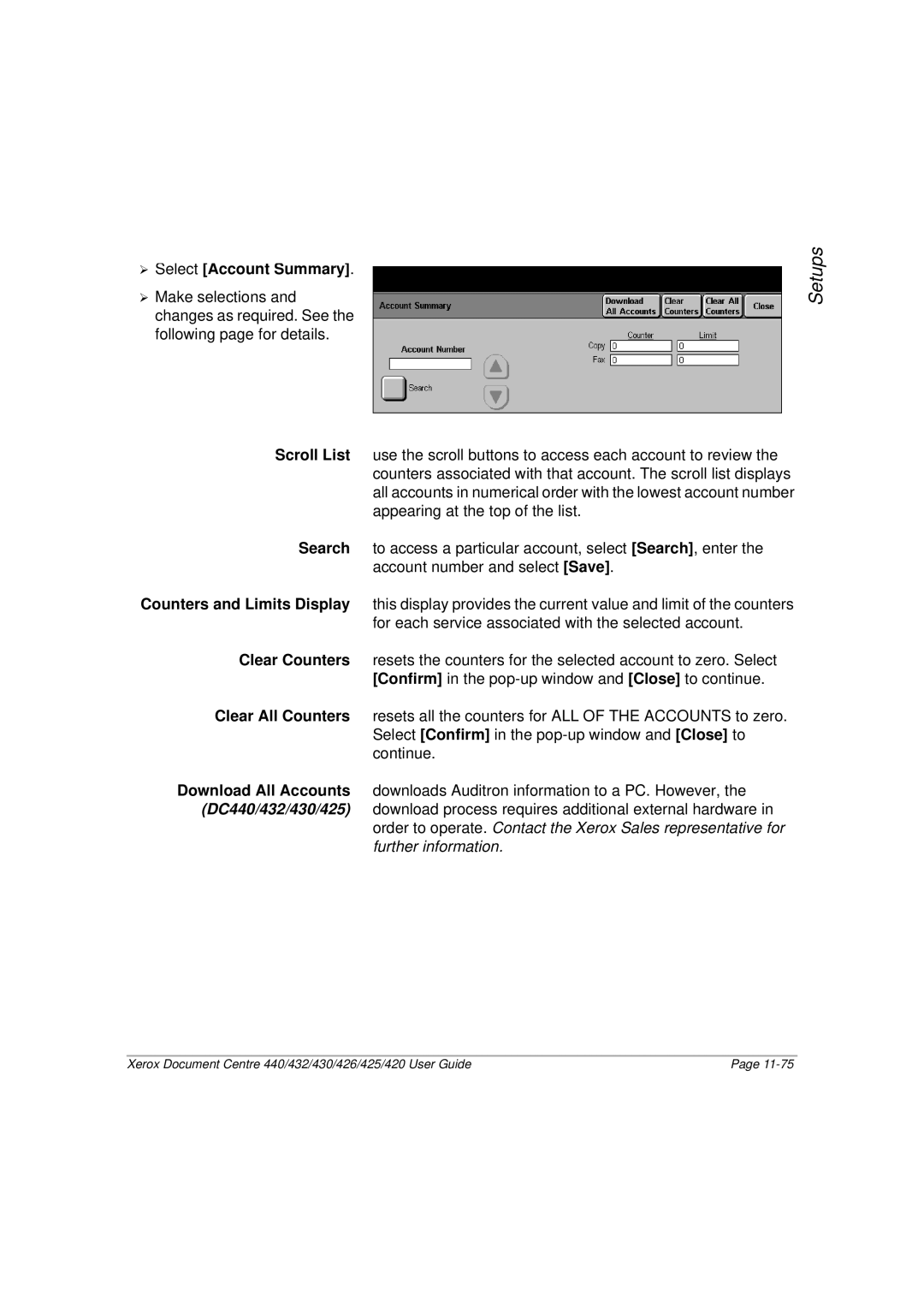 Xerox 420 ¾ Select Account Summary, Scroll List, Search, Counters and Limits Display, Clear Counters, Clear All Counters 