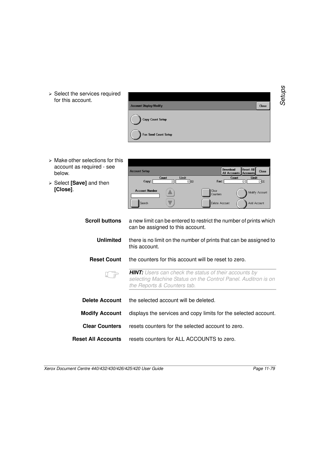 Xerox 426, 440, 432, 430, 425, 420 manual Scroll buttons Unlimited Reset Count 