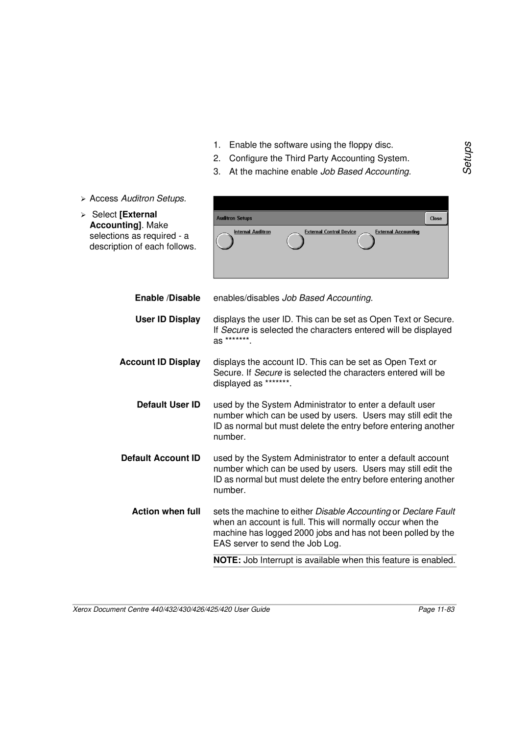 Xerox 432, 440, 430, 426, 425, 420 manual Enables/disables Job Based Accounting 