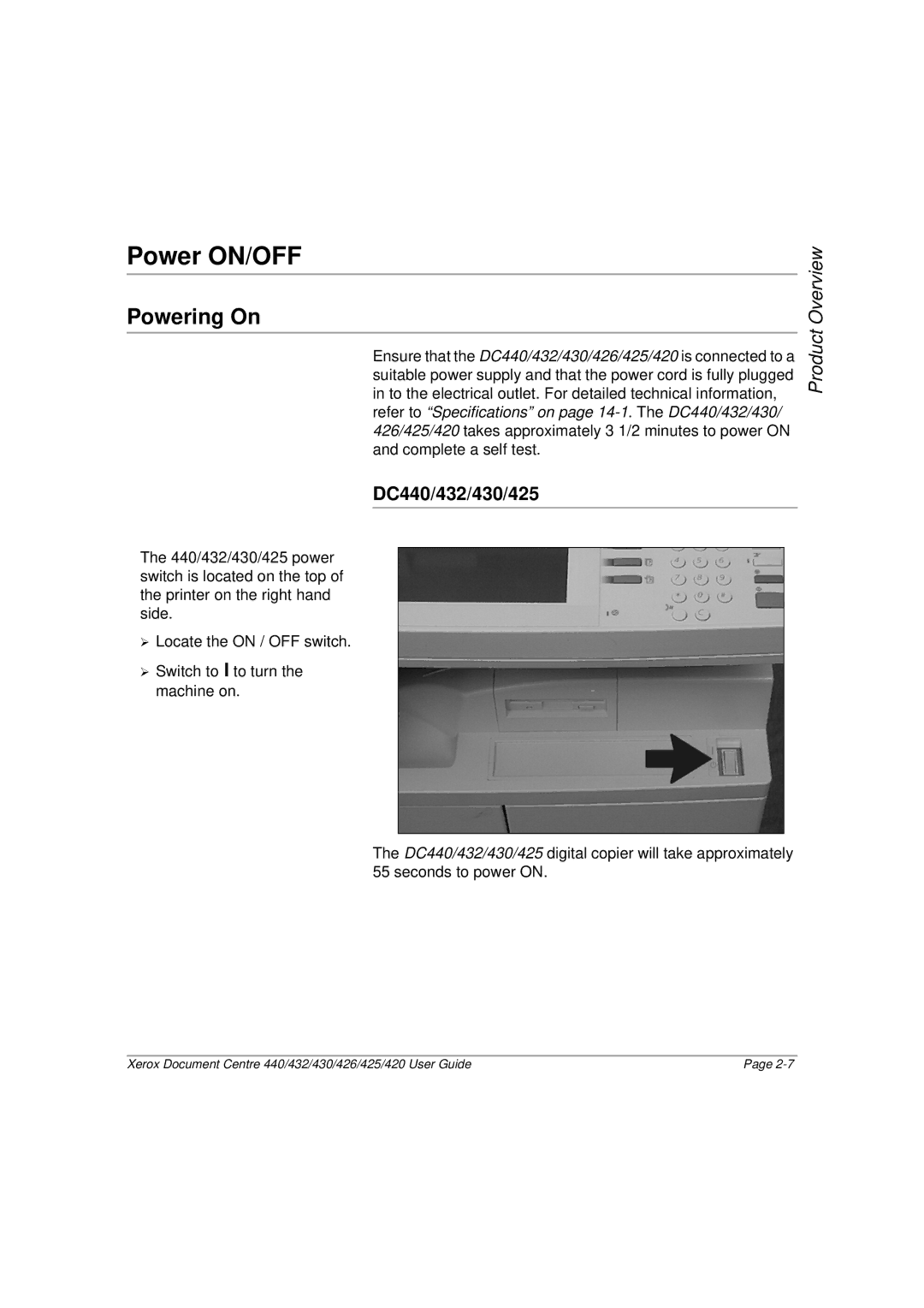 Xerox 426, 420 manual Power ON/OFF, Powering On, DC440/432/430/425 