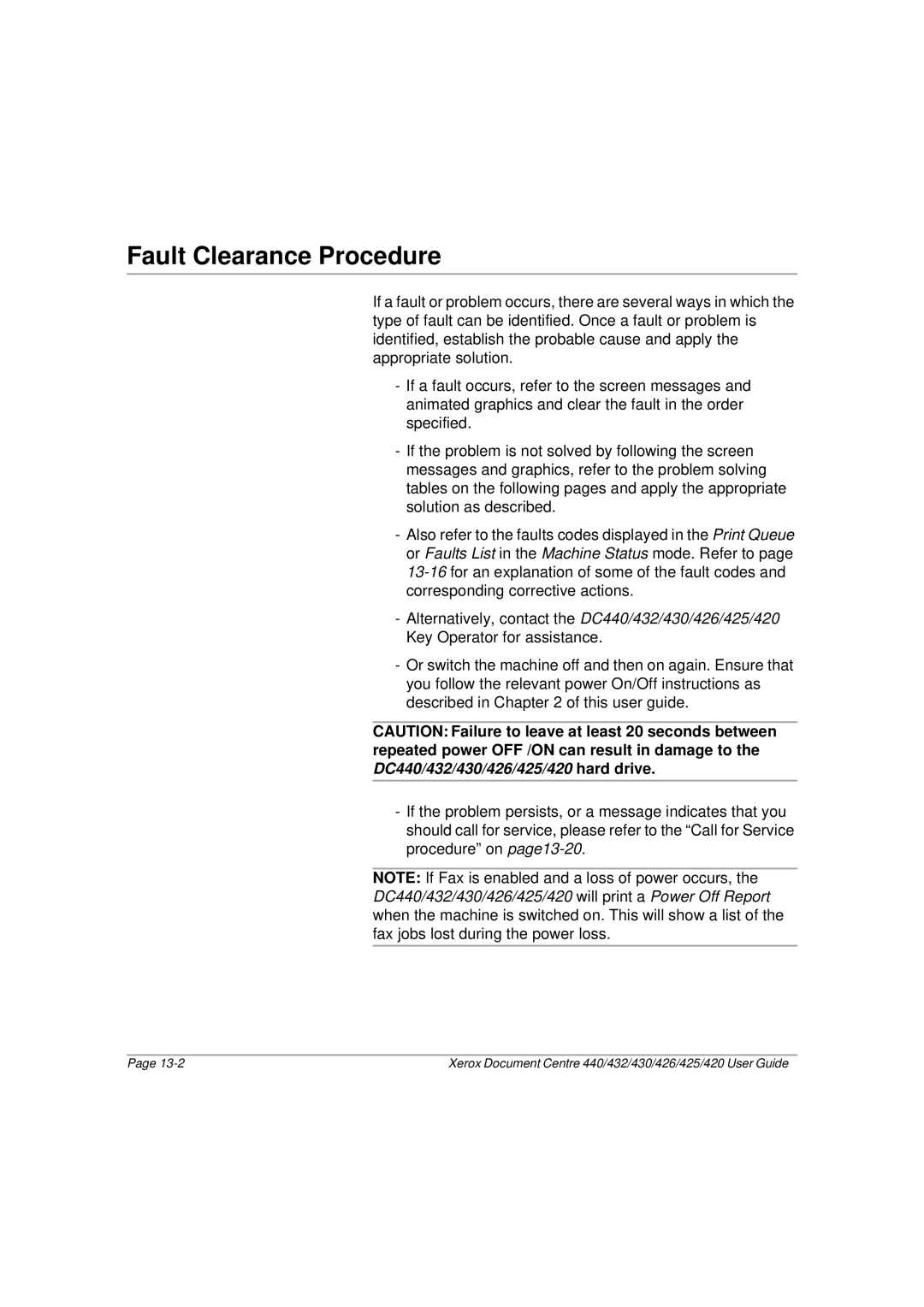 Xerox 440, 432, 430, 426, 425, 420 manual Fault Clearance Procedure 