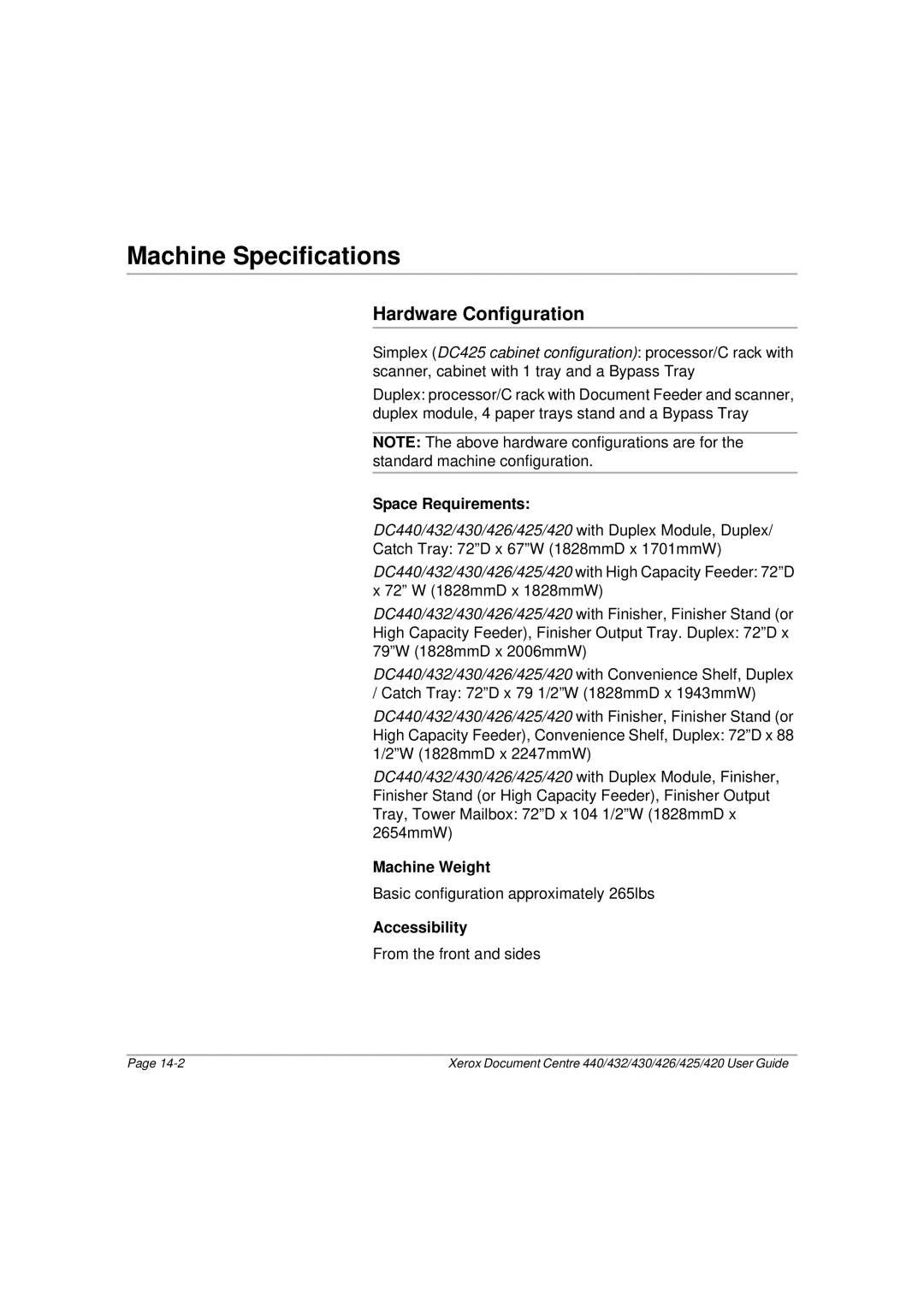 Xerox 430, 440, 432, 426 Machine Specifications, Hardware Configuration, Space Requirements, Machine Weight, Accessibility 