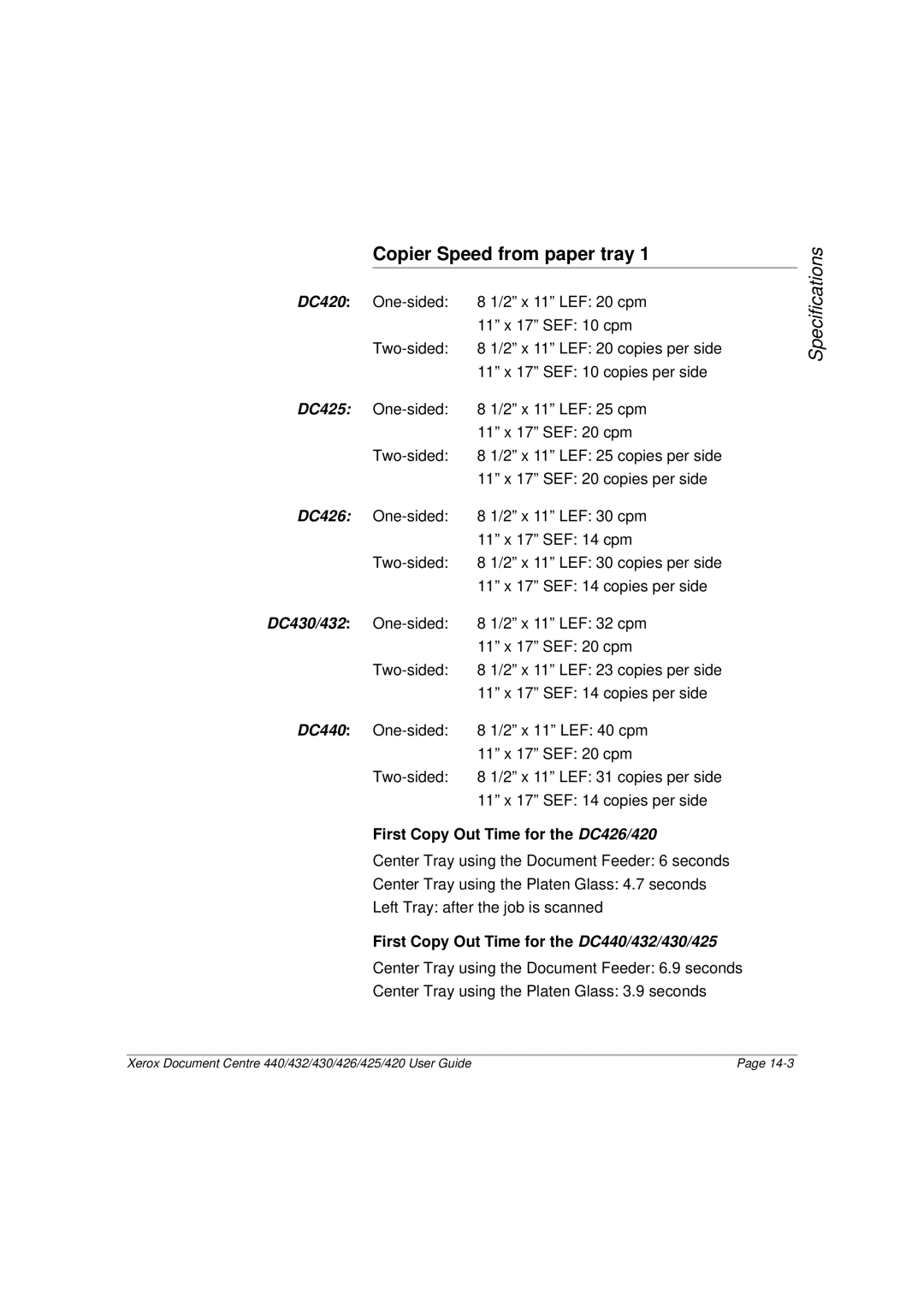 Xerox 440, 432, 430, 425 manual Copier Speed from paper tray, First Copy Out Time for the DC426/420 