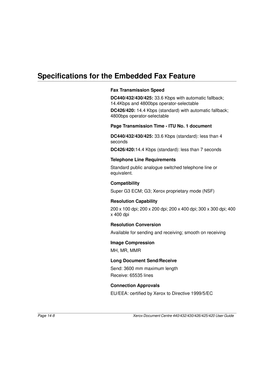 Xerox 430, 440, 432, 426, 425, 420 manual Specifications for the Embedded Fax Feature 