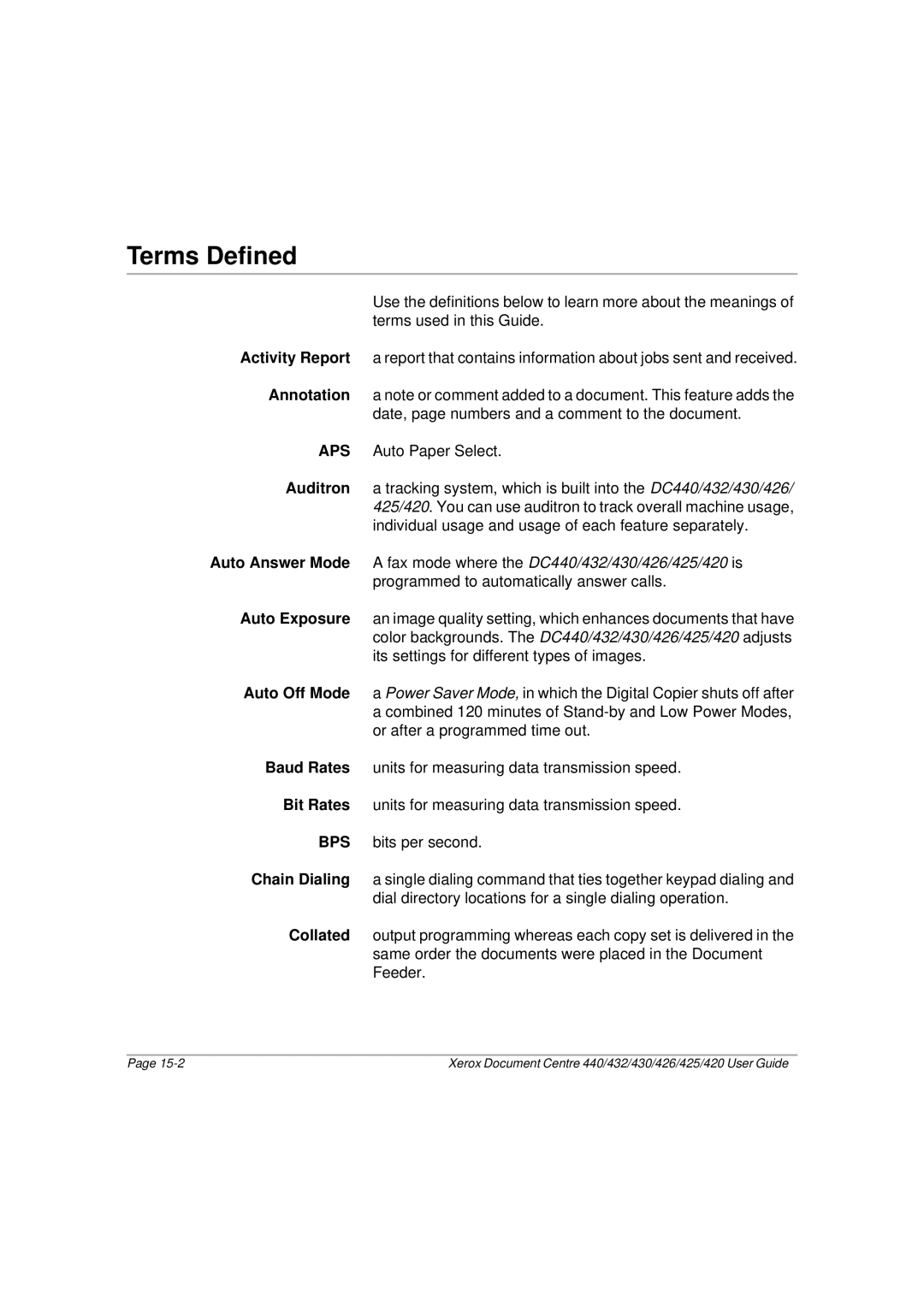 Xerox 440, 432, 430, 426, 425, 420 manual Terms Defined 