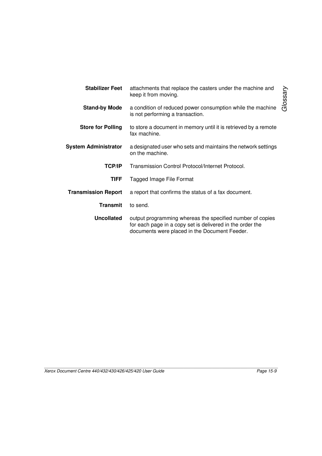 Xerox 432, 440, 430 Stabilizer Feet, Stand-by Mode, Store for Polling, System Administrator, Transmission Report, Transmit 