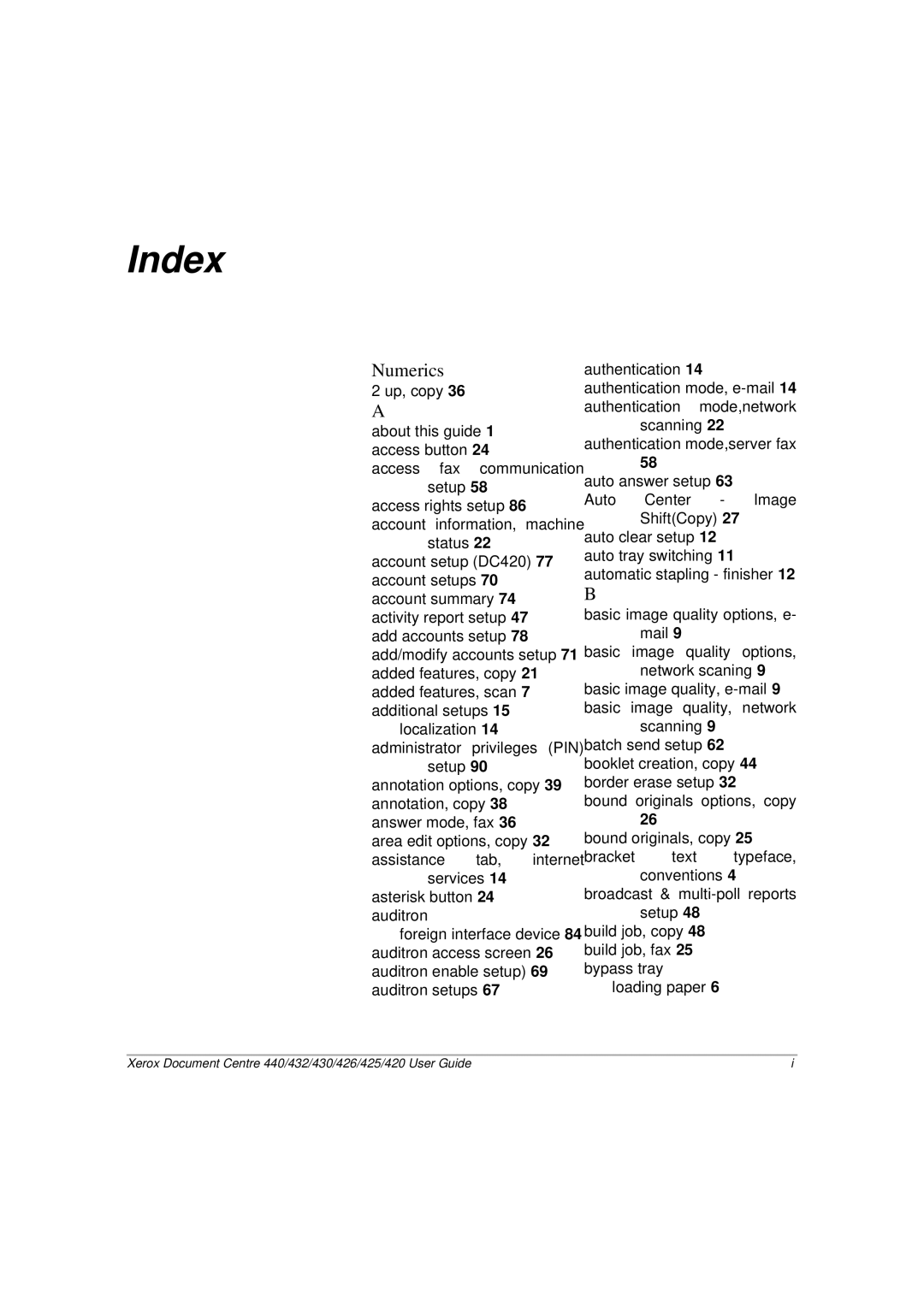 Xerox 426, 440, 432, 430, 425, 420 manual Index 