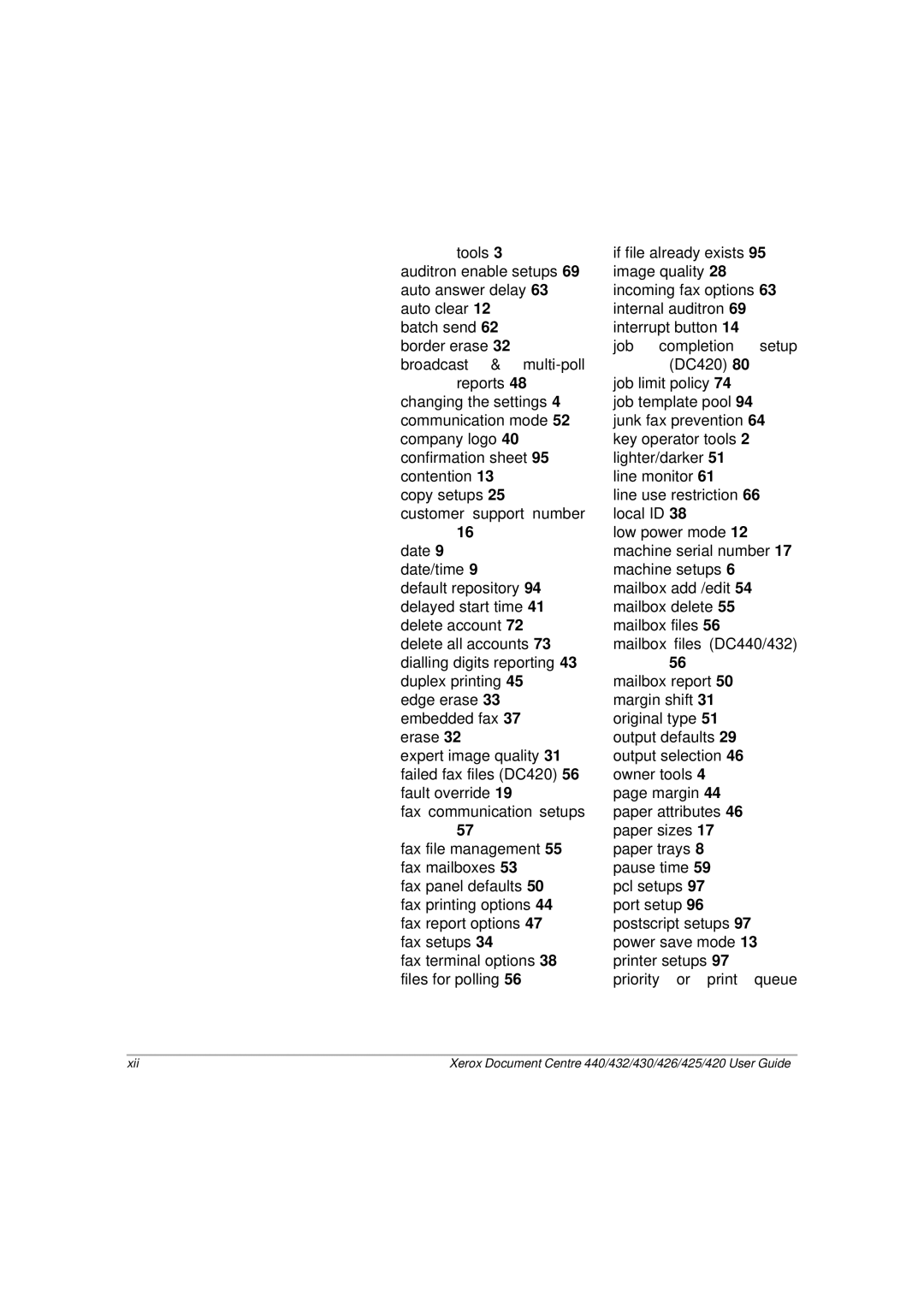 Xerox 430, 440, 432, 426, 425, 420 manual Xii 