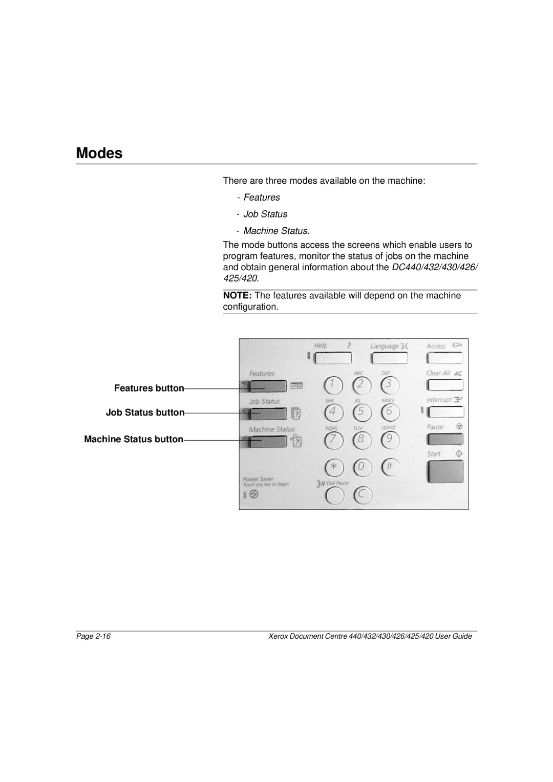 Xerox 440, 432, 430, 426, 425, 420 manual Modes, Features button Job Status button Machine Status button 