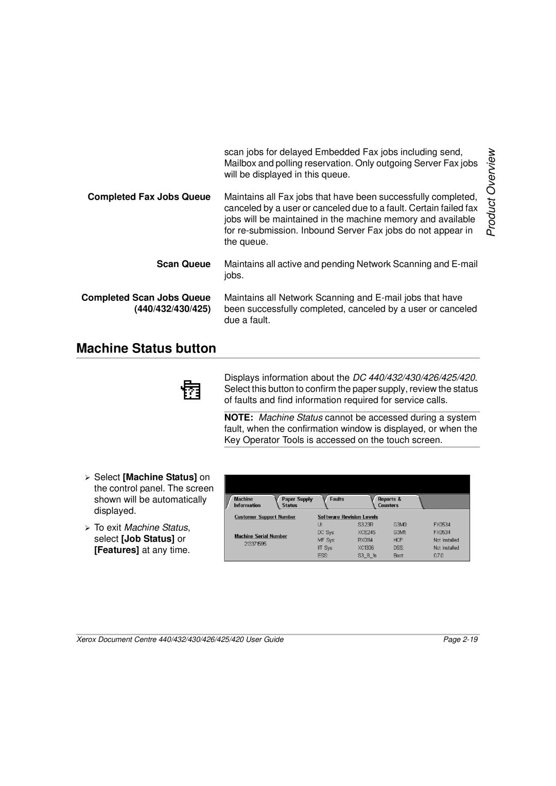 Xerox 426, 440, 432, 430, 425, 420 manual Machine Status button 