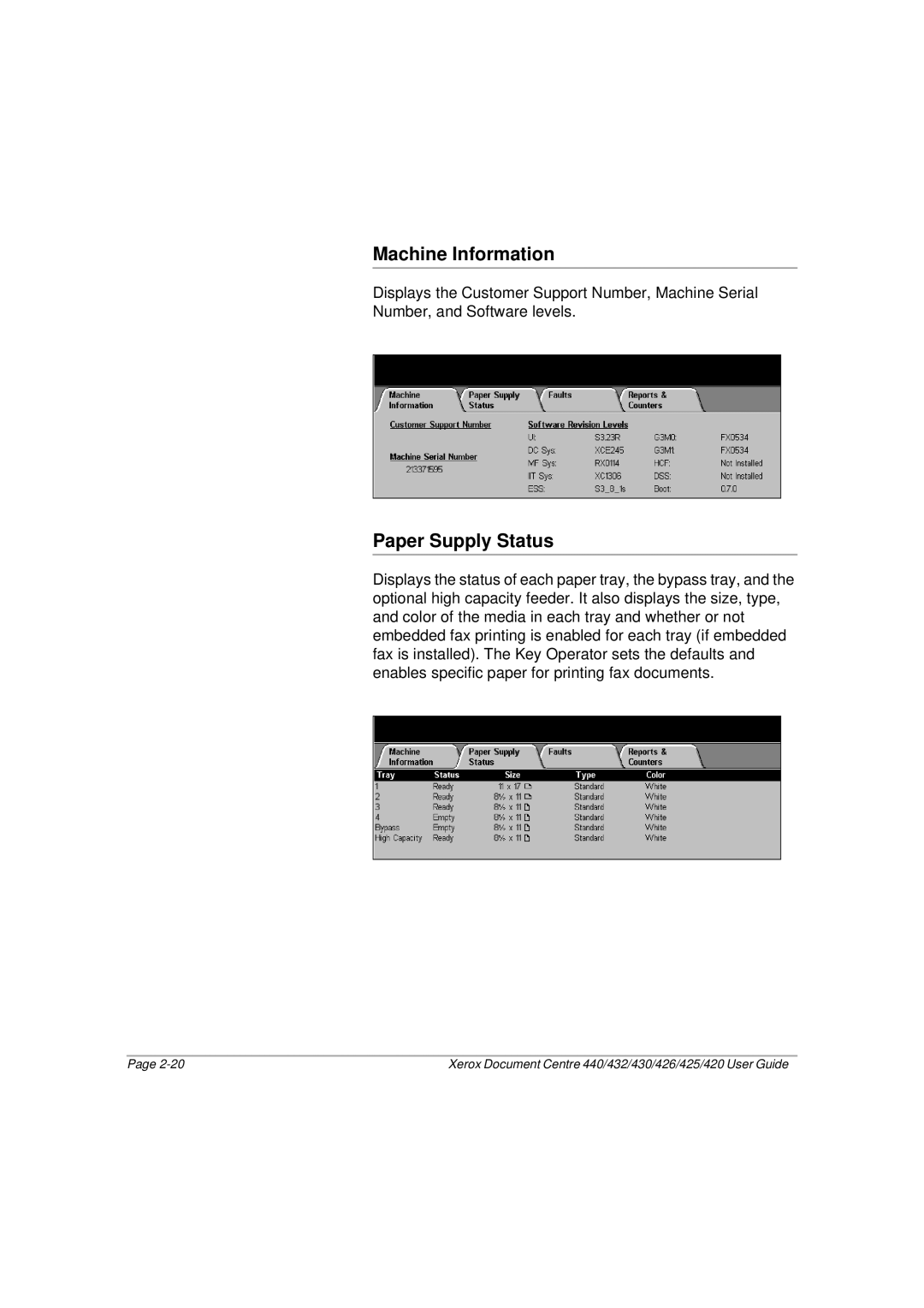 Xerox 425, 440, 432, 430, 426, 420 manual Machine Information, Paper Supply Status 