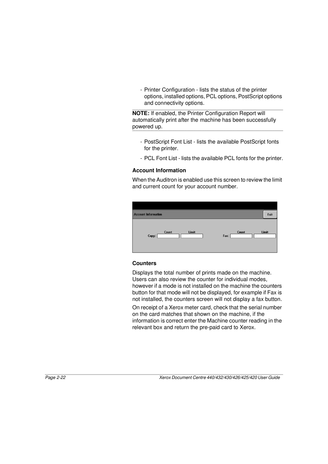 Xerox 440, 432, 430, 426, 425, 420 manual Account Information, Counters 