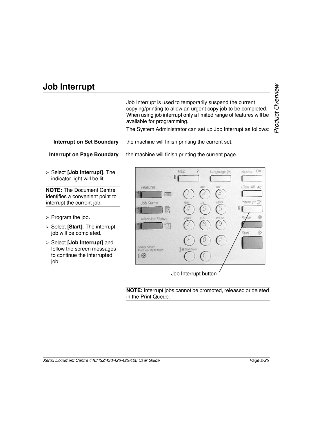 Xerox 426, 440, 432, 430, 425, 420 manual Job Interrupt 