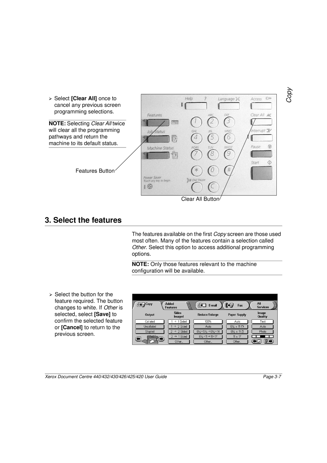 Xerox 432, 440, 430, 426, 425, 420 manual Select the features 