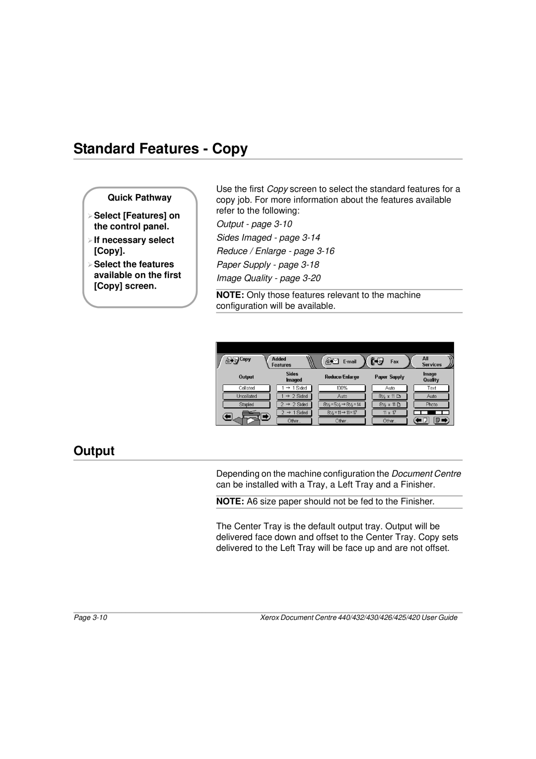 Xerox 425, 440, 432, 430, 426, 420 manual Standard Features Copy, Output 