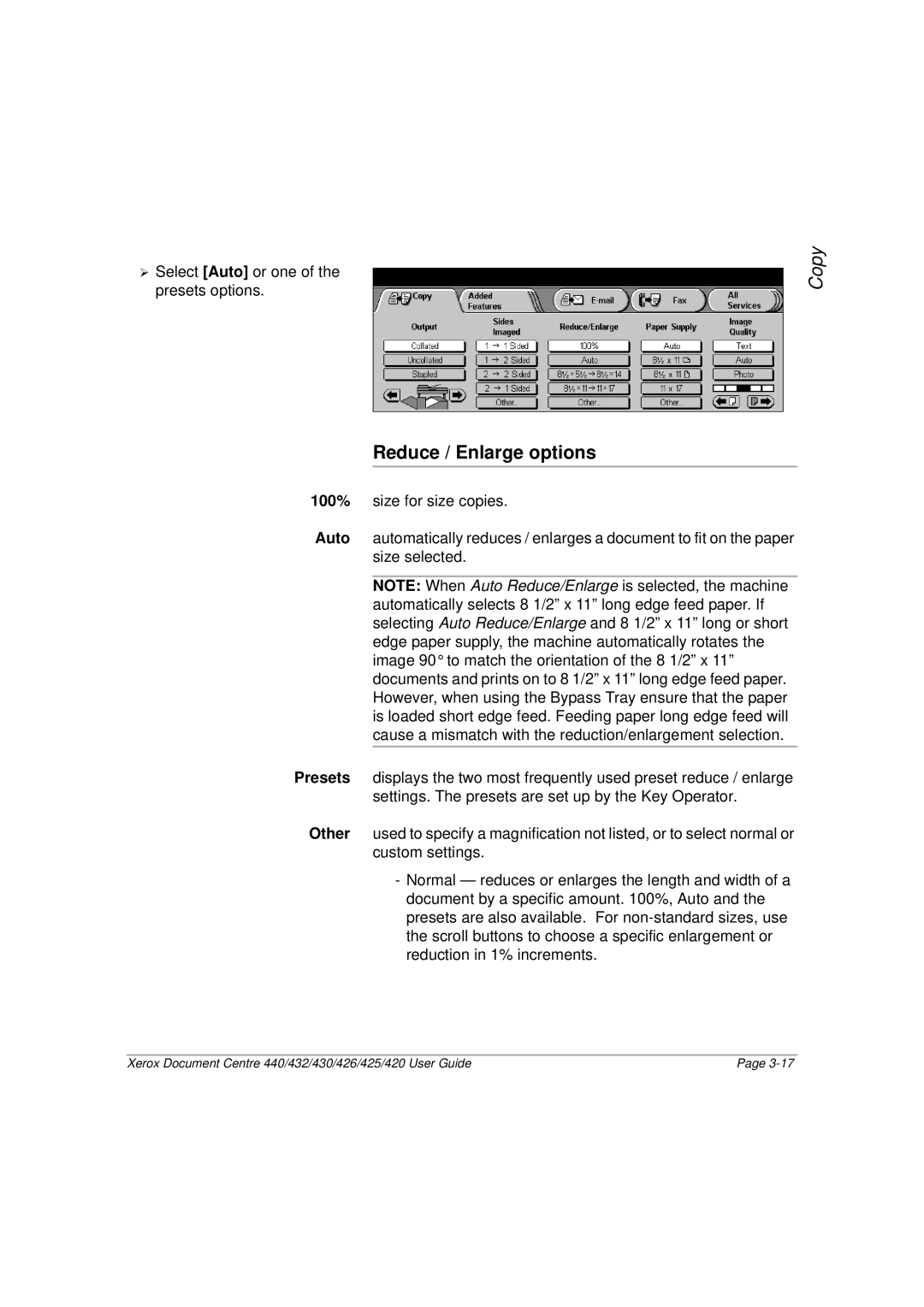 Xerox 420, 440, 432, 430, 426, 425 manual Reduce / Enlarge options 