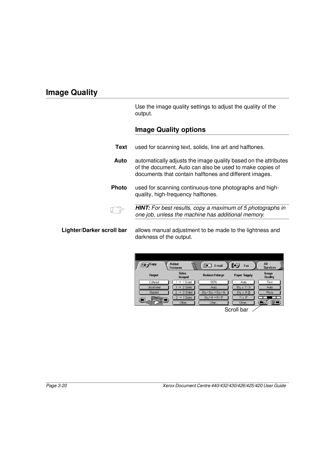 Xerox 430, 440, 432, 426, 425, 420 manual Image Quality options 