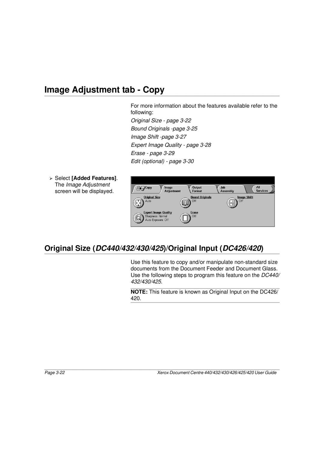 Xerox manual Image Adjustment tab Copy, Original Size DC440/432/430/425/Original Input DC426/420 