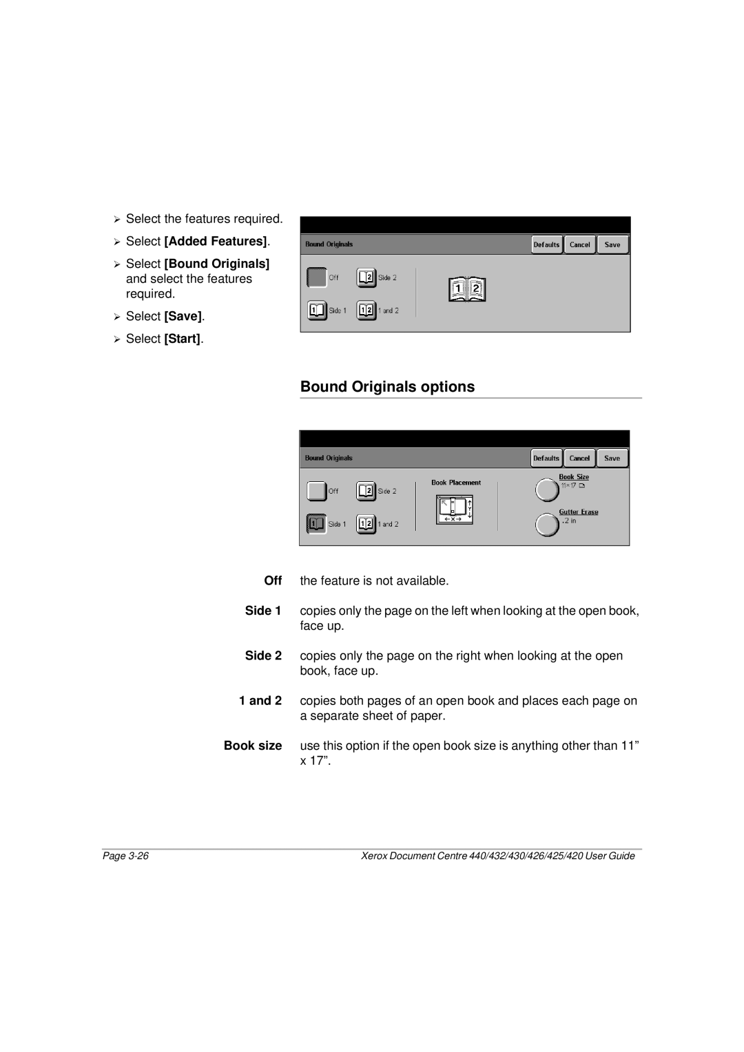 Xerox 430, 440, 432, 426, 425, 420 manual Bound Originals options 