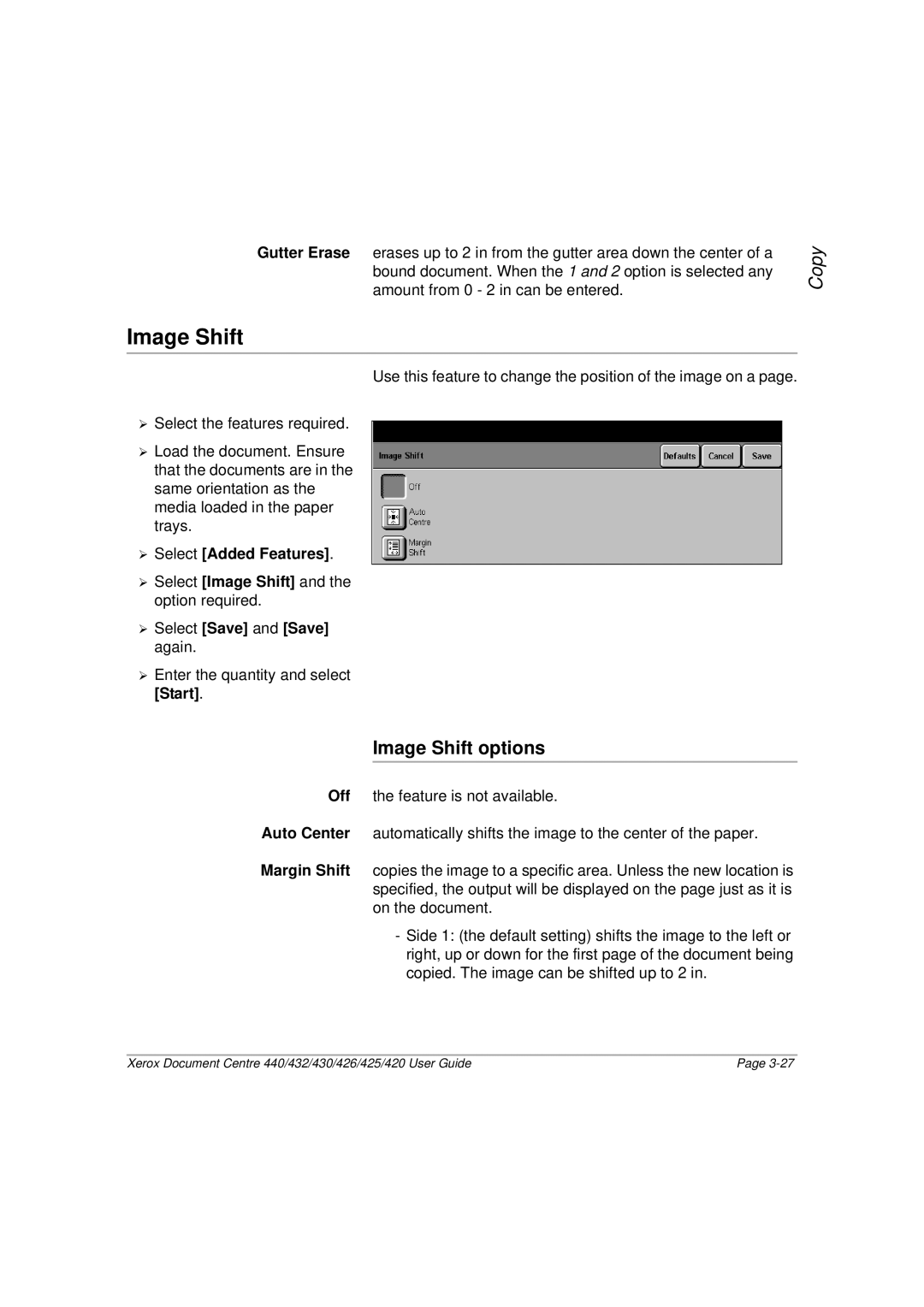 Xerox 426, 440, 432, 430, 425, 420 manual Image Shift options, ¾ Select Save and Save again 