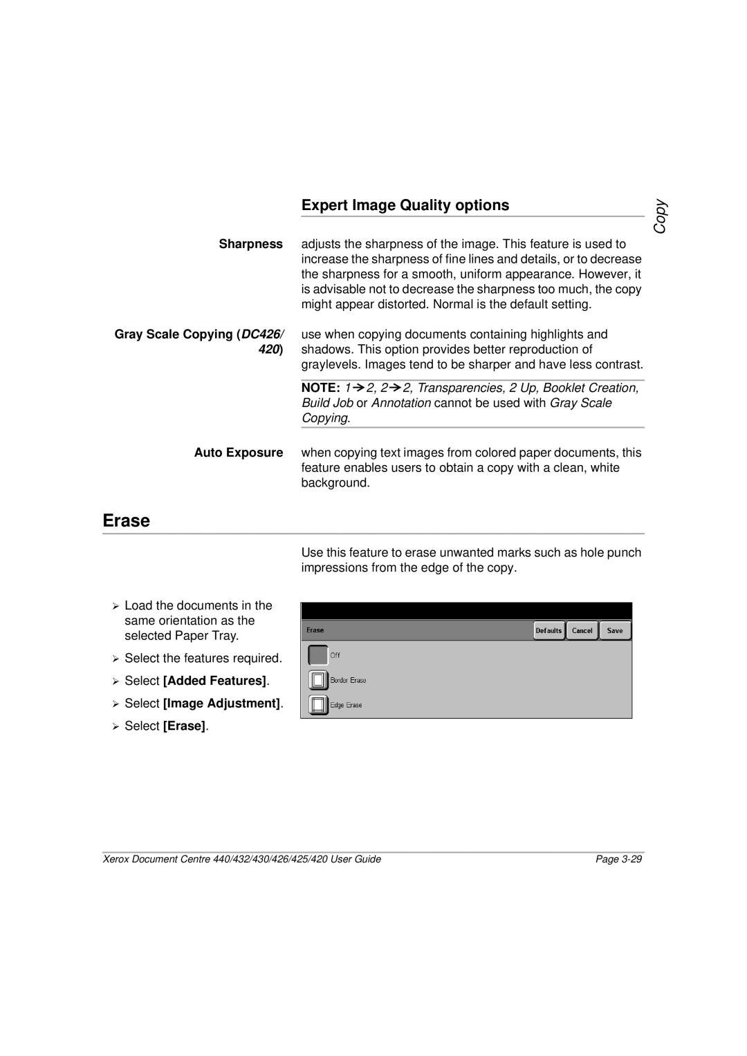 Xerox 420, 440, 432, 430, 426, 425 manual Erase, Expert Image Quality options, ¾ Select Added Features ¾ Select Image Adjustment 