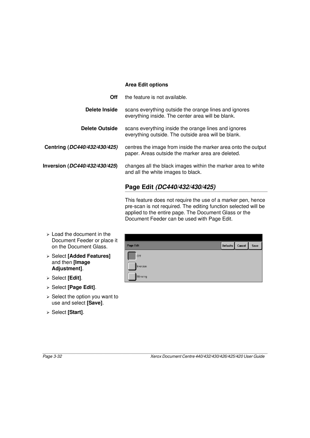 Xerox 430, 440, 432, 426, 425, 420 manual Area Edit options, ¾ Select Page Edit 