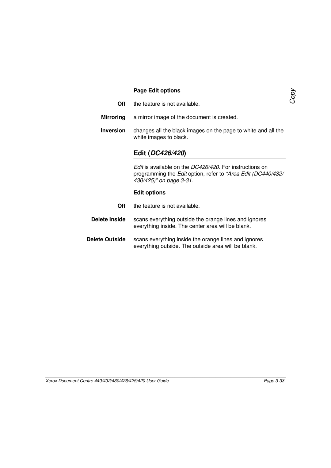 Xerox 440, 432, 430, 425 manual Edit DC426/420, Edit options 