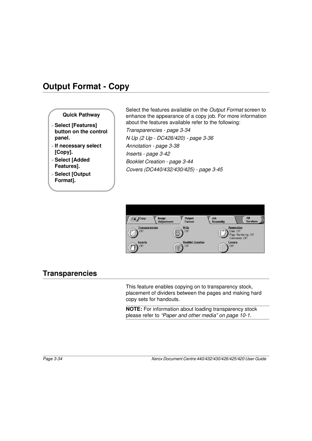 Xerox 425, 440, 432, 430, 426, 420 manual Output Format Copy, Transparencies 