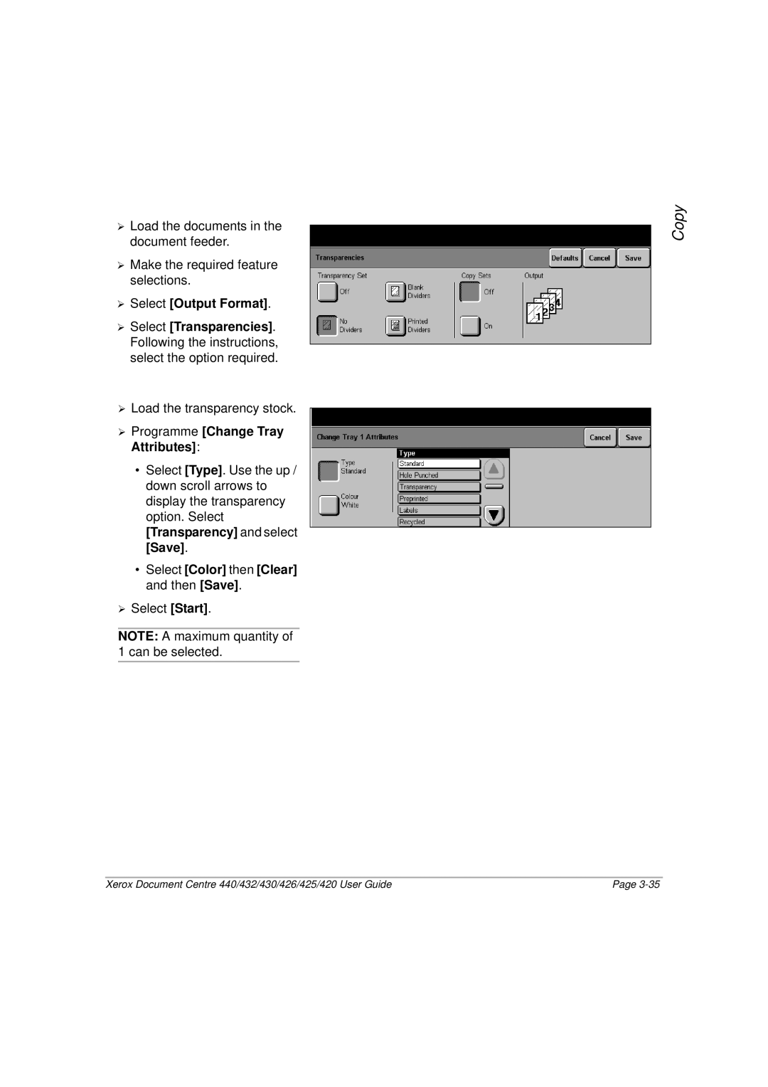 Xerox 420, 440, 432, 430, 426, 425 manual ¾ Programme Change Tray Attributes 