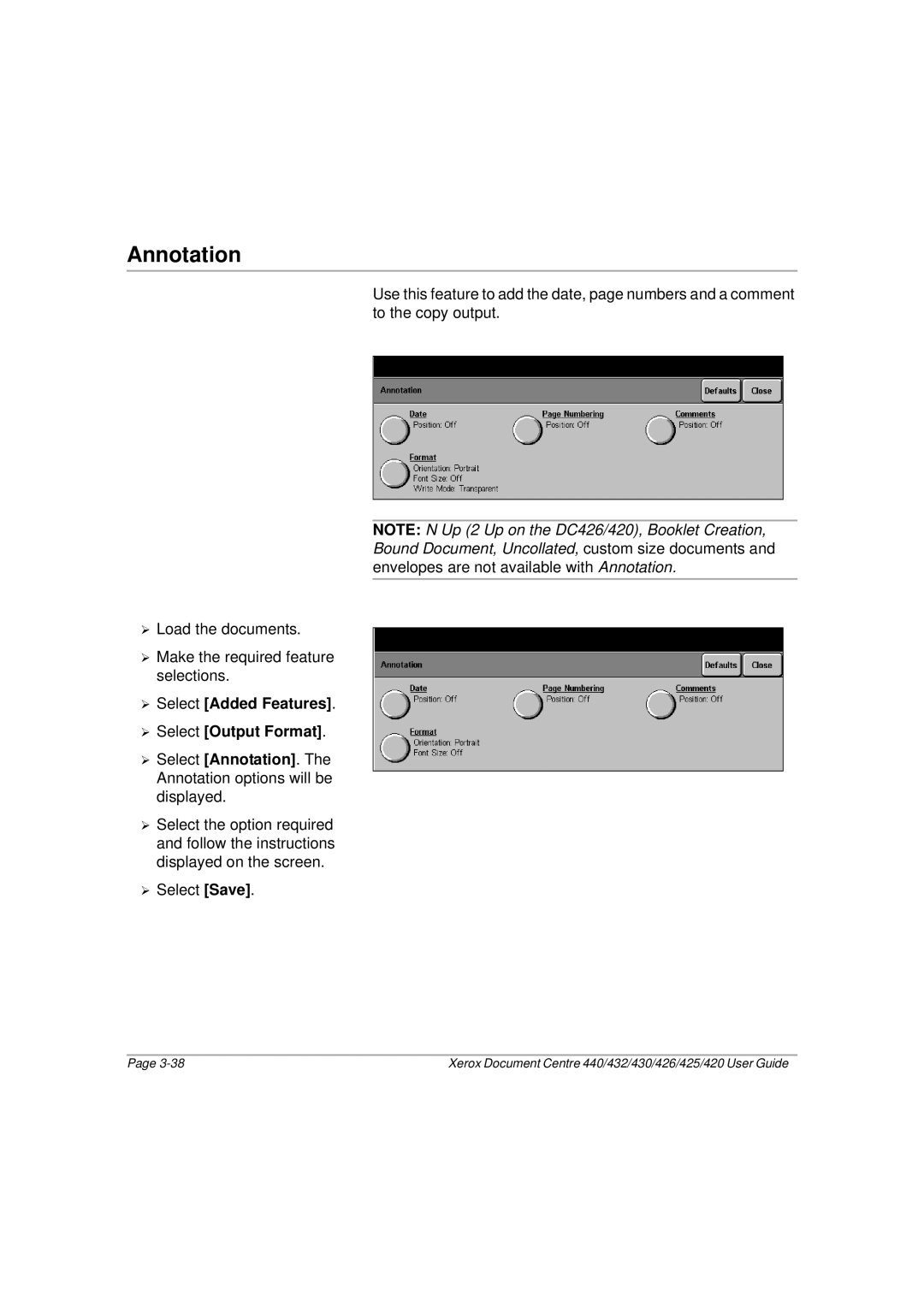 Xerox 430, 440, 432, 426, 425, 420 manual Annotation, ¾ Select Added Features ¾ Select Output Format 