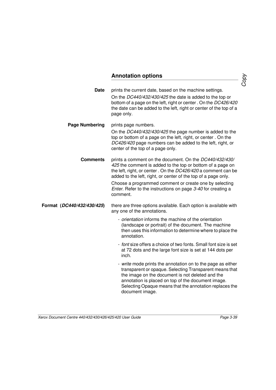 Xerox 426, 440, 432, 430, 425, 420 manual Annotation options 