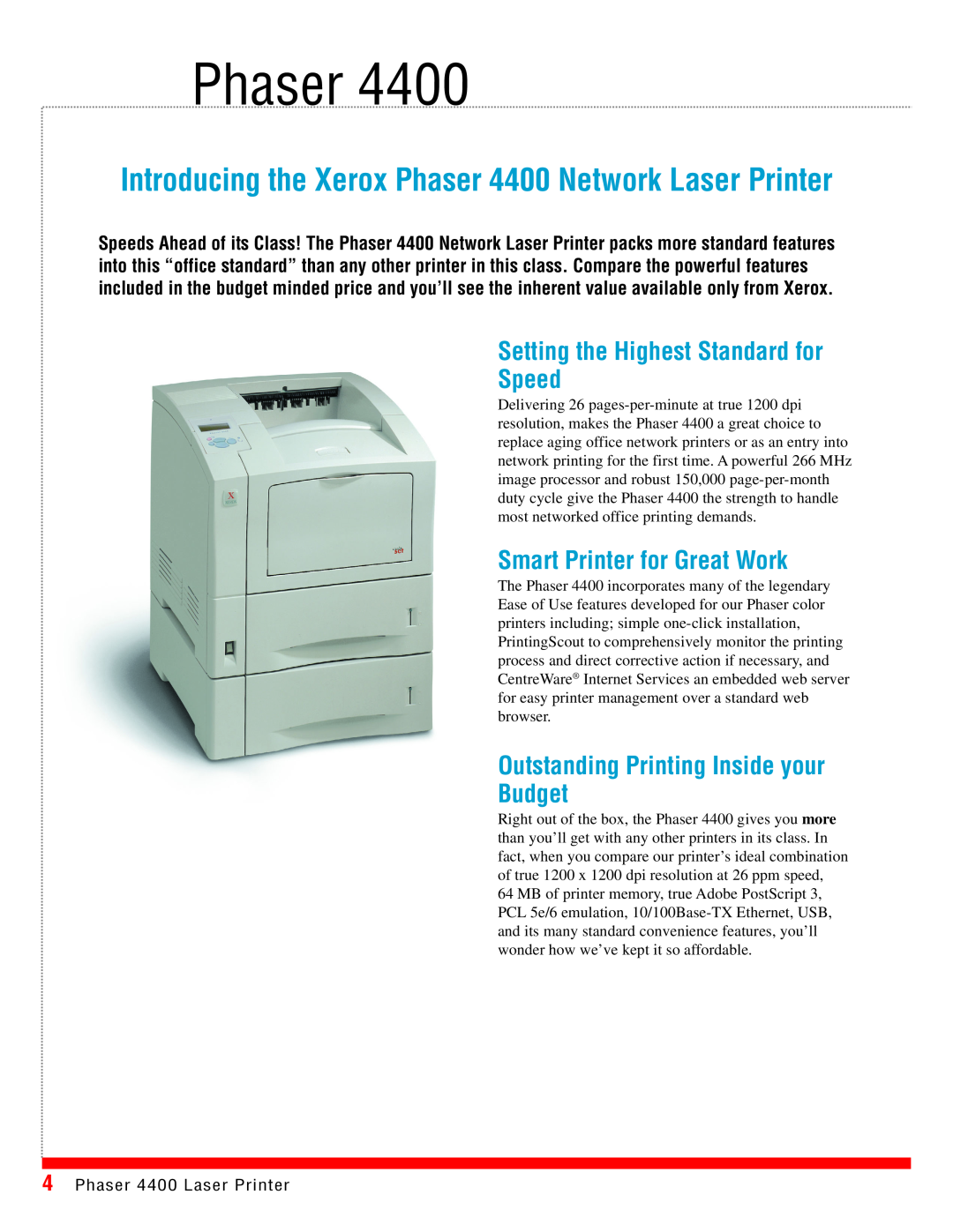 Xerox 4400 manual Phaser, Setting the Highest Standard for Speed, Smart Printer for Great Work 