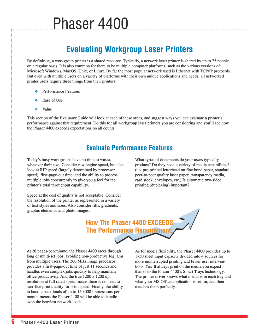 Xerox 4400 manual Evaluating Workgroup Laser Printers, Evaluate Performance Features, Phaser 