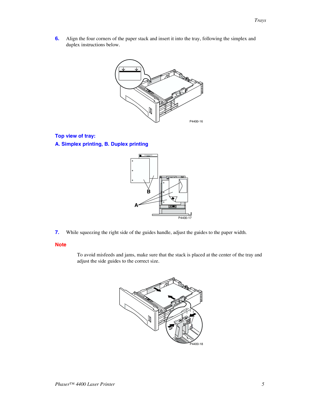 Xerox 4400 manual Top view of tray Simplex printing, B. Duplex printing 