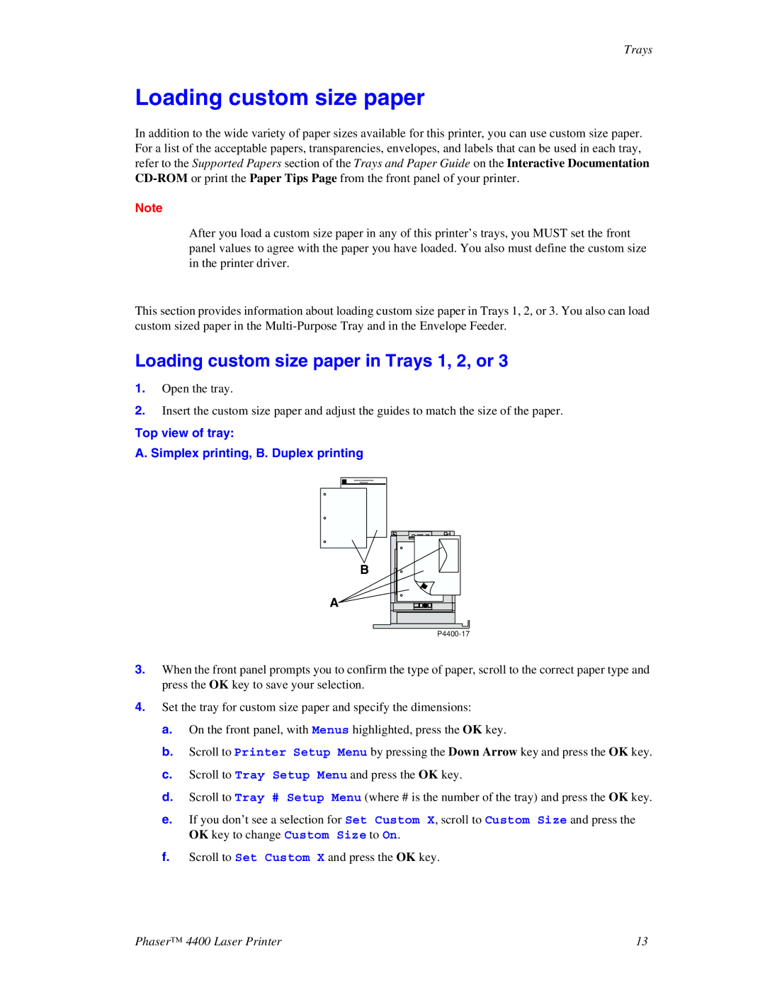 Xerox 4400 manual Loading custom size paper in Trays 1, 2, or 