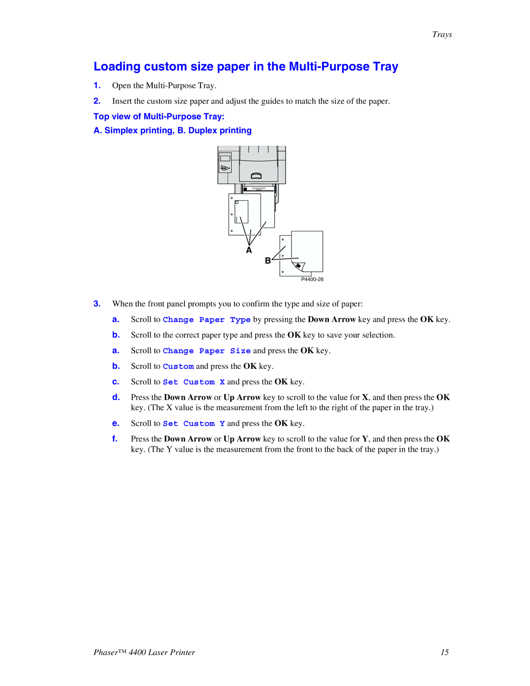 Xerox 4400 manual Loading custom size paper in the Multi-Purpose Tray 