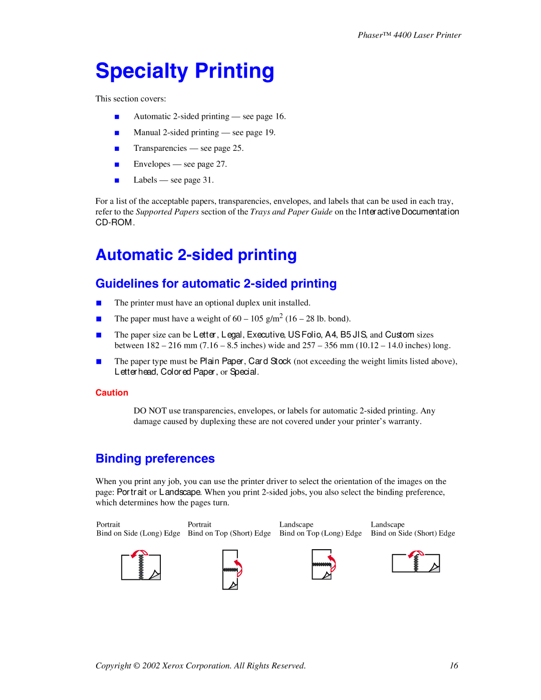 Xerox 4400 Specialty Printing, Automatic 2-sided printing, Guidelines for automatic 2-sided printing, Binding preferences 