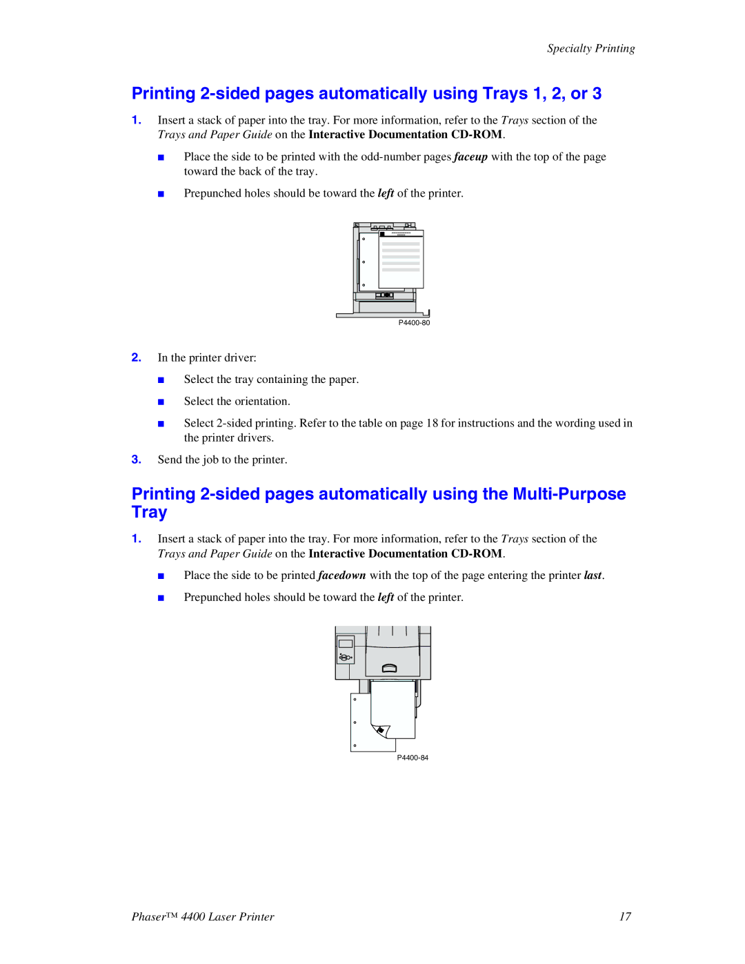 Xerox 4400 manual Printing 2-sided pages automatically using Trays 1, 2, or 