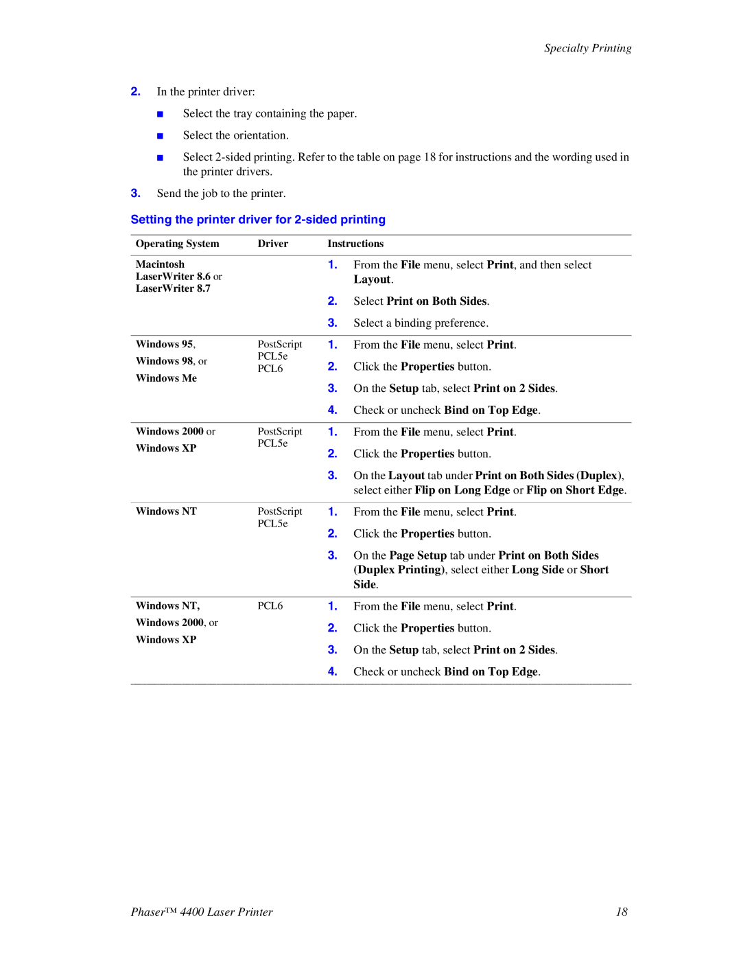 Xerox 4400 manual Setting the printer driver for 2-sided printing 